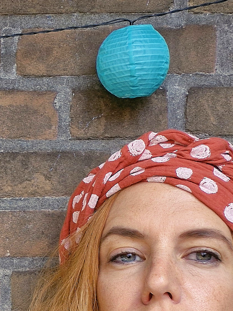 Wide headscarf made of organic muslin, ocean green with hand-painted gold copper dots