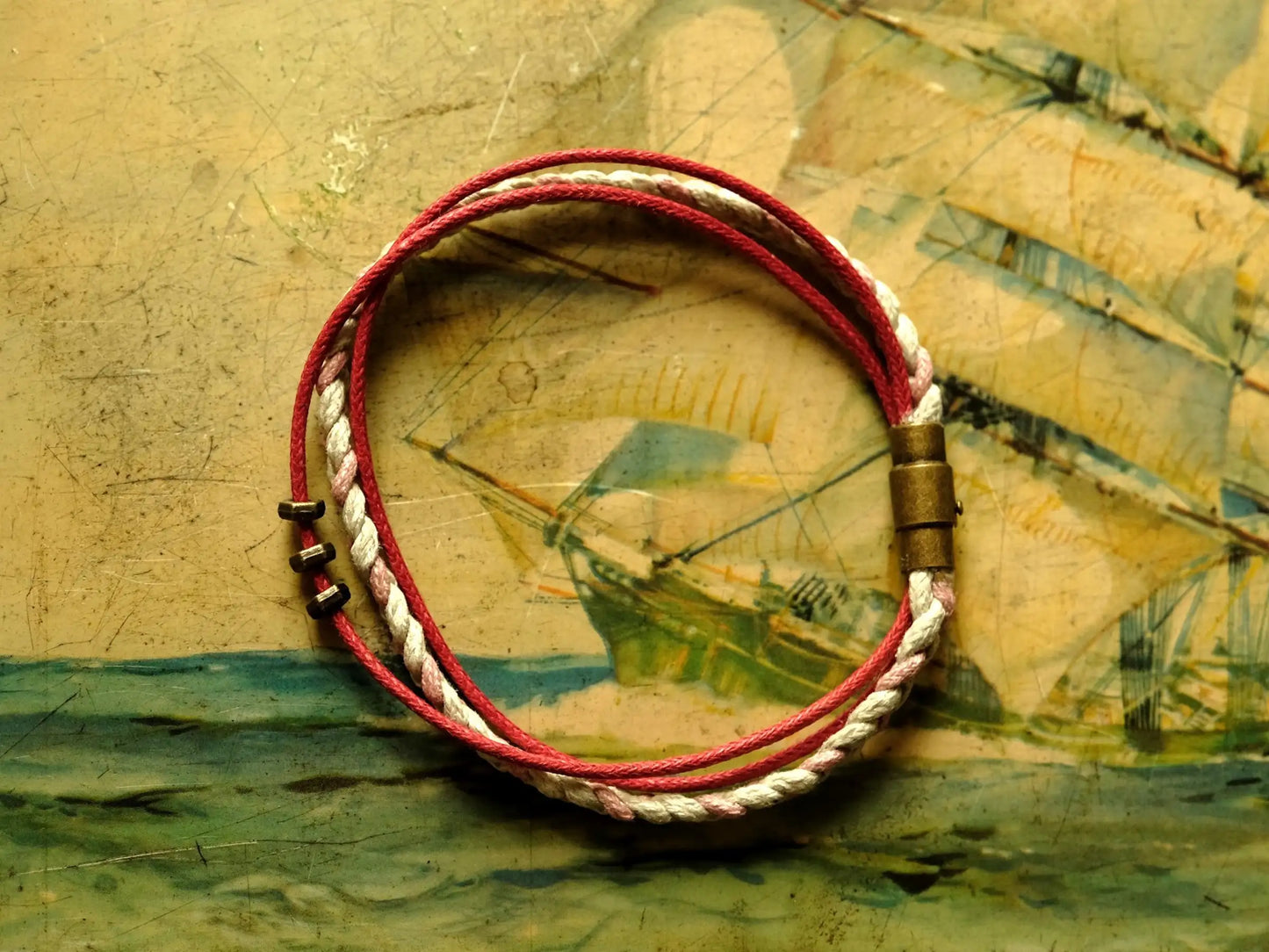 Armband Unisex, geflochten, Rosa-Grau-Rot, Handgemacht mit Magnetverschluss