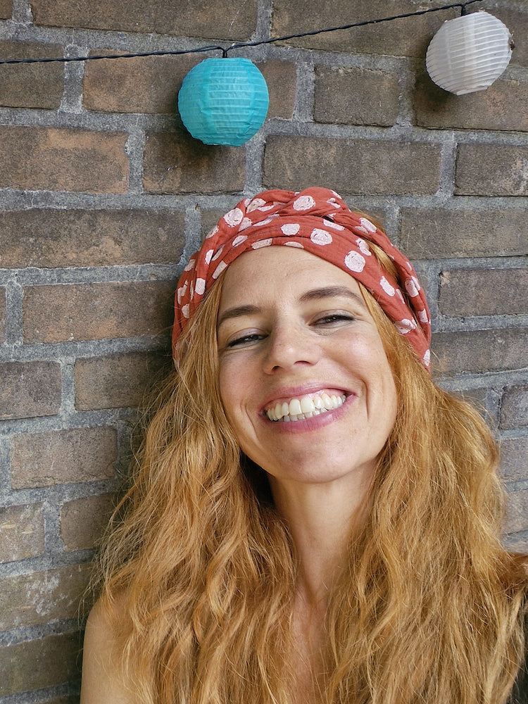 Wide headscarf made of organic muslin, ocean green with hand-painted gold copper dots