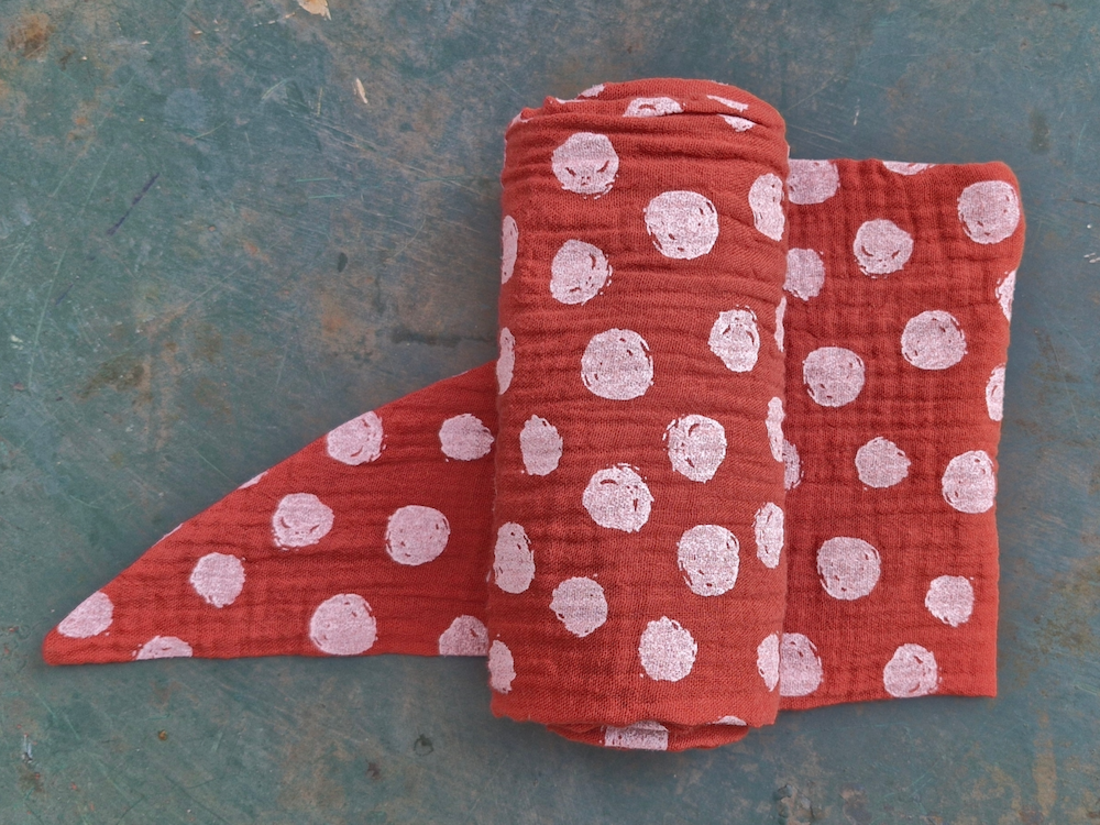 Wide headscarf made of organic muslin, ocean green with hand-painted gold copper dots