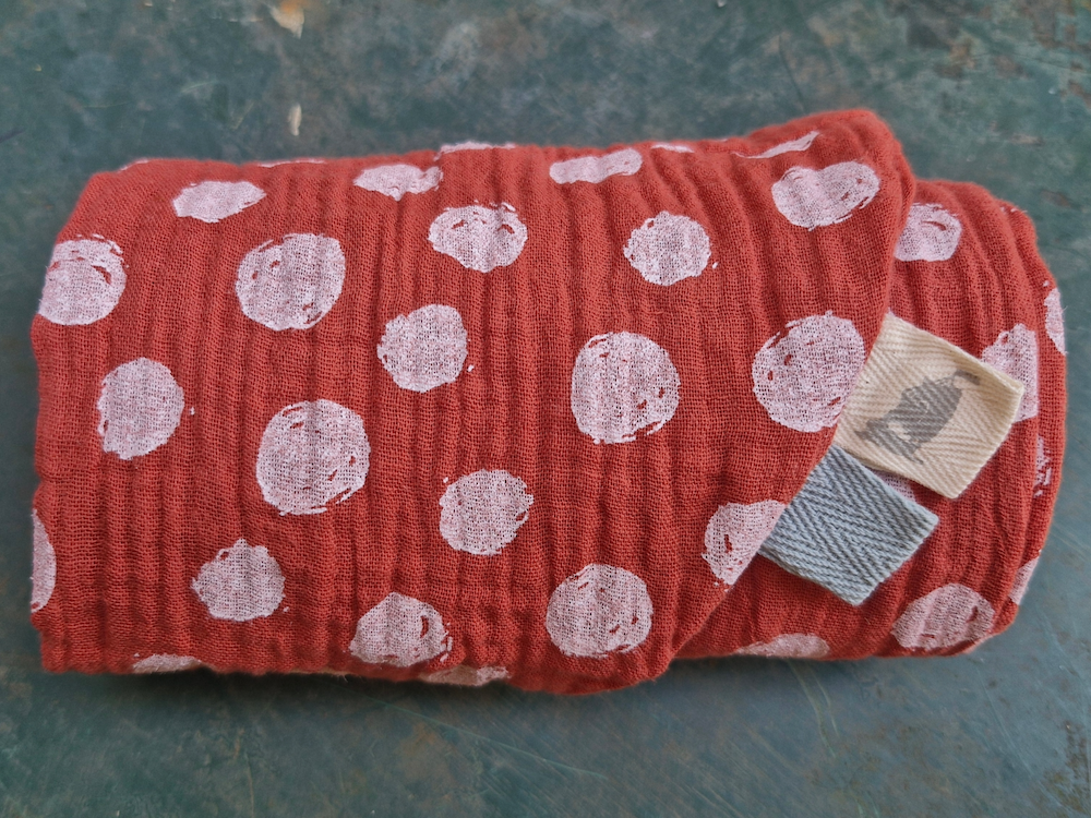 Wide headscarf made of organic muslin, ocean green with hand-painted gold copper dots