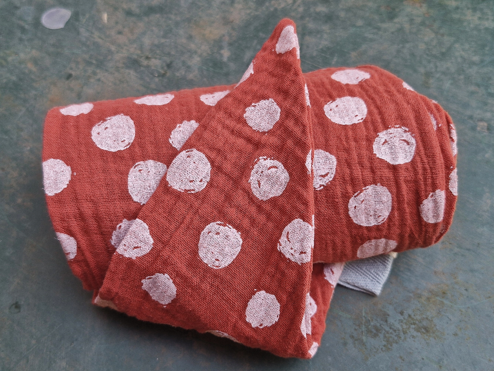 Wide headscarf made of organic muslin, ocean green with hand-painted gold copper dots