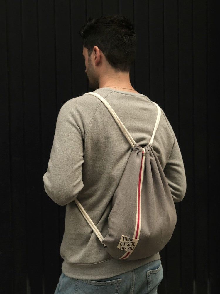 Leinen-Beutel, Grau mit Weißer Kordel "think outside the box"