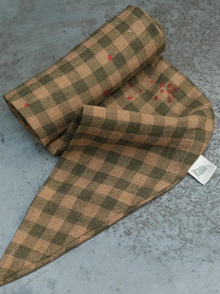 Breites Leinen-Kopftuch, Grün-Beige Kariert mit Orangefarbenen Sprenkeln