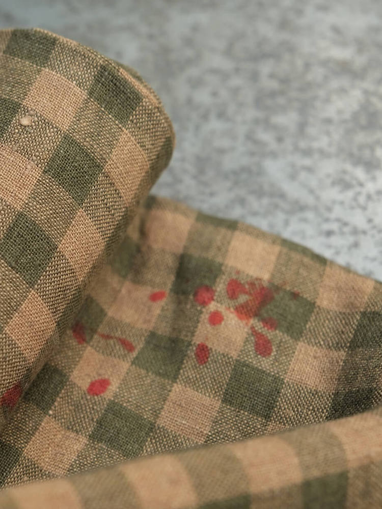 Breites Leinen-Kopftuch, Grün-Beige Kariert mit Orangefarbenen Sprenkeln