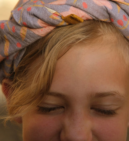 Wide headscarf made of organic muslin, ocean green with hand-painted gold copper dots 