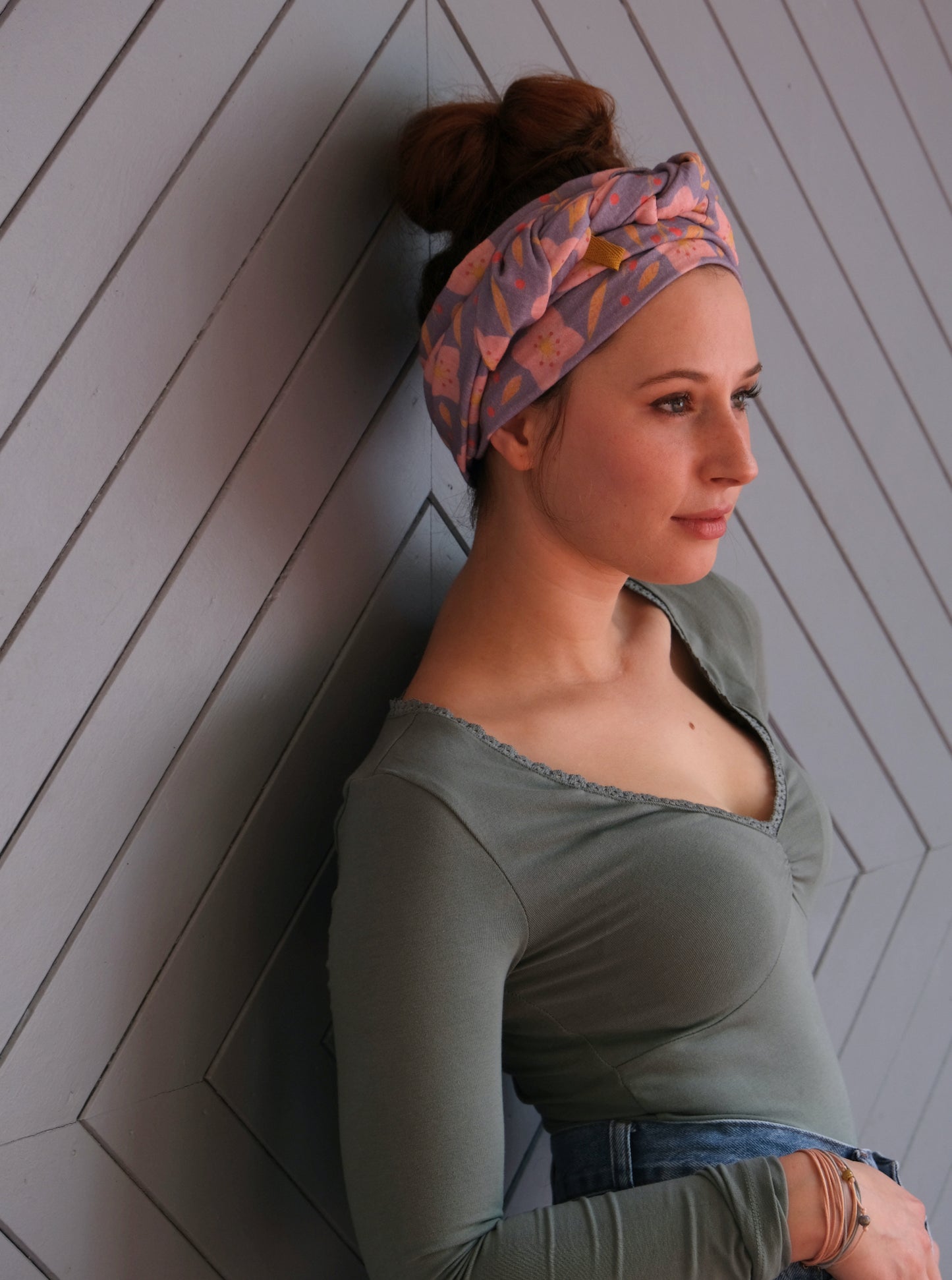 Wide headscarf made of organic muslin, ocean green with hand-painted gold copper dots 