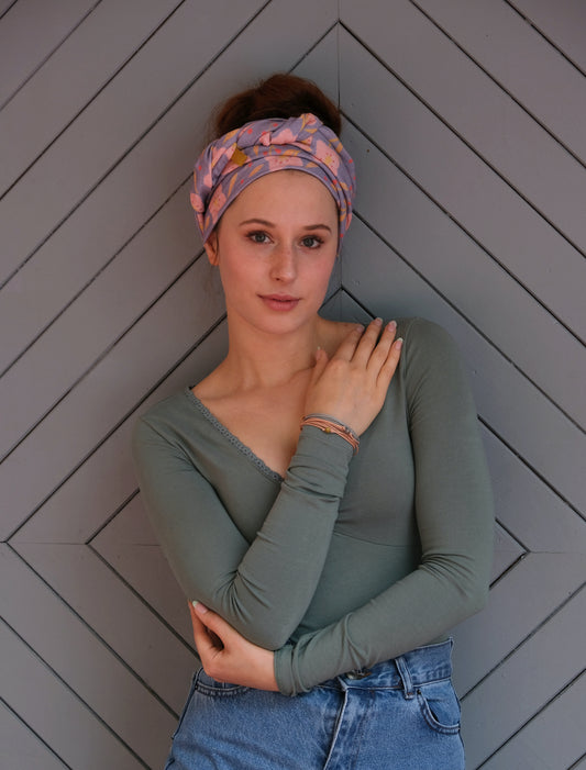 Wide headscarf made of organic muslin, ocean green with hand-painted gold copper dots 
