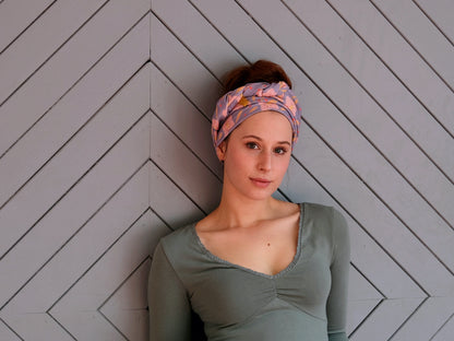 Wide headscarf made of organic muslin, ocean green with hand-painted gold copper dots 