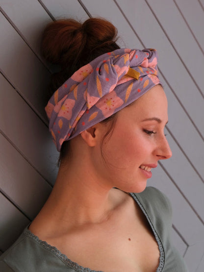 Wide headscarf made of organic muslin, ocean green with hand-painted gold copper dots 