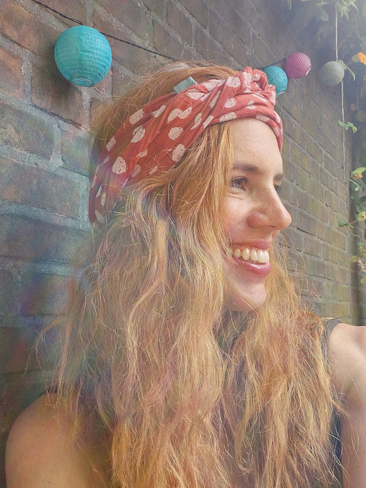 Wide headscarf made of organic muslin, ocean green with hand-painted gold copper dots 