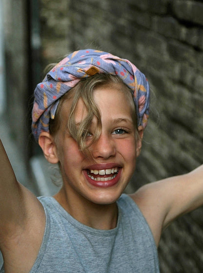 Wide headscarf made of organic muslin, ocean green with hand-painted gold copper dots 