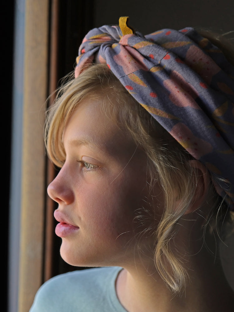 Wide headscarf made of organic muslin, ocean green with hand-painted gold copper dots 