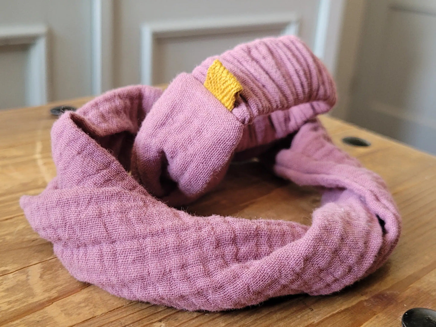 Narrow hairband made of organic muslin, old pink with hand-dyed woven ribbon 