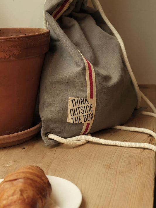 Linen bag, gray with white cord "think outside the box"