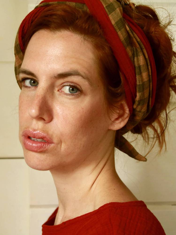Wide headscarf, rust red organic muslin and checked linen 