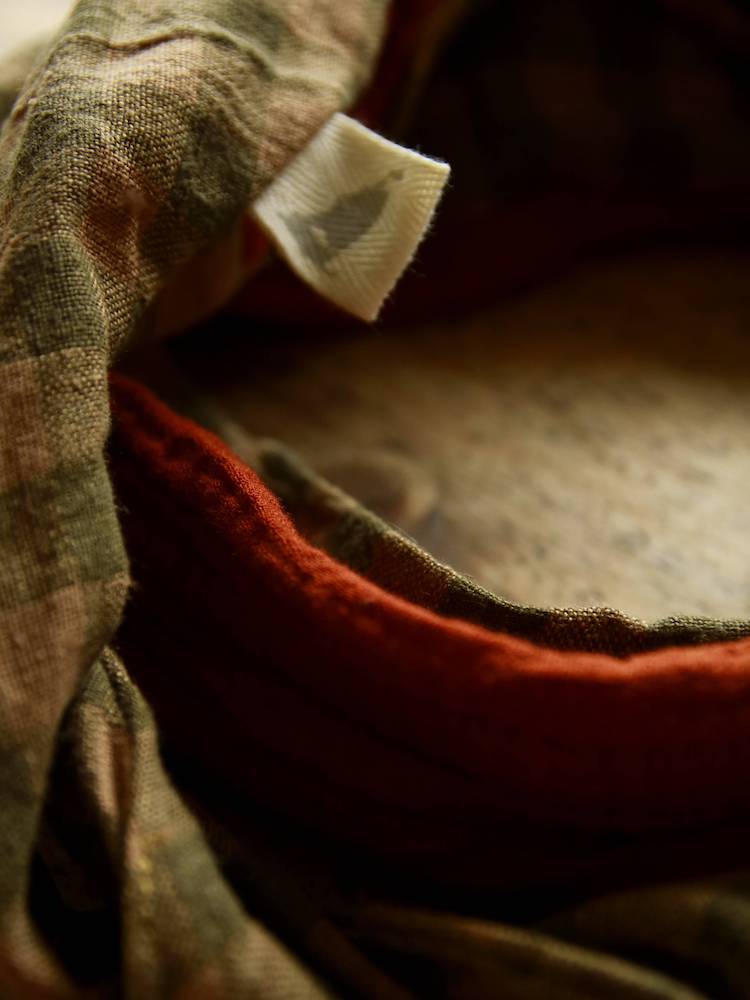 Wide headscarf, rust red organic muslin and checked linen 