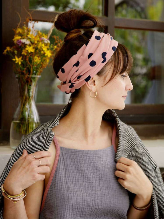 Wide headscarf made of light sweat, pink with dark blue dots 