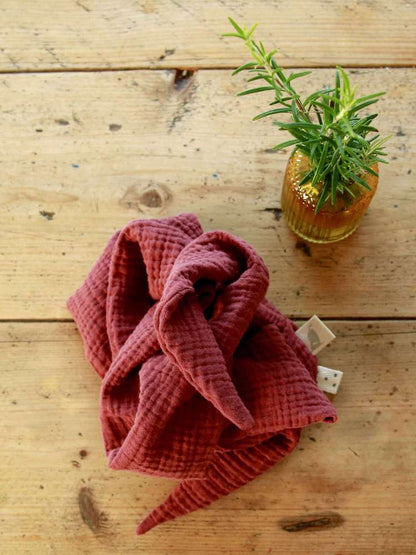 Headscarf made of organic muslin, Scandinavian red with hand-painted woven ribbon 