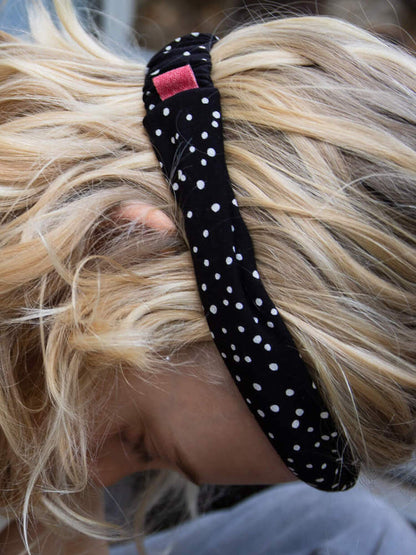 Narrow jersey hair band, black with white polka dots 